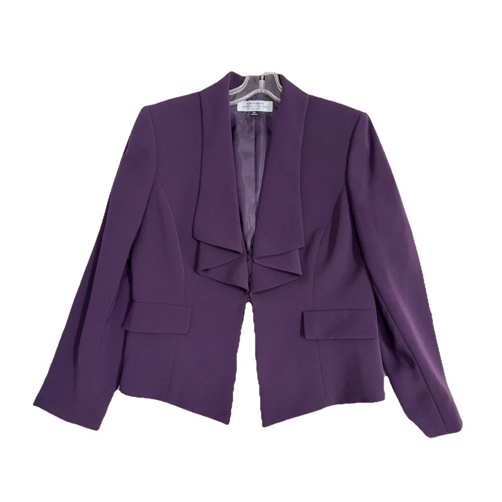 Tahari Arthur S Levine Purple‎ Blazer Women 10P Petite Ruffle Open Front